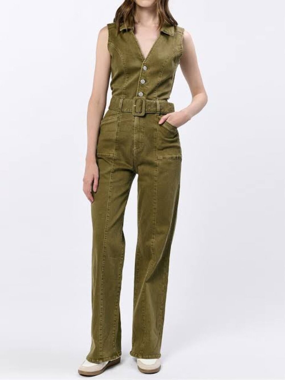 Dear John Sleeveless Collar Button Front V-Neck Belted Jumpsuit Olive Green, S